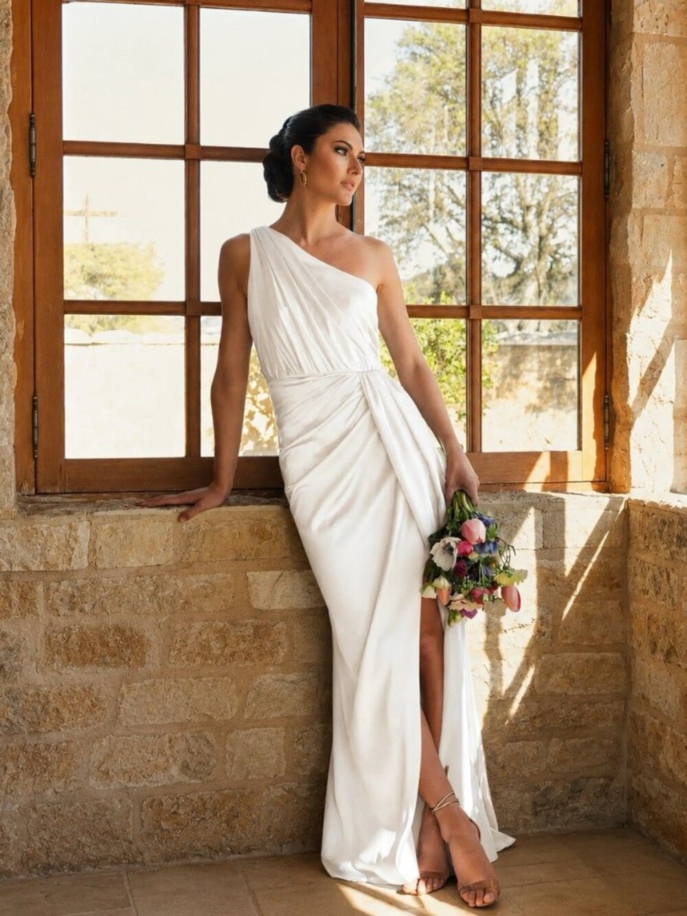 Mac Duggal Size 6 White 26654 One Shoulder Satin Faux Wrap Gown Wedding Dress